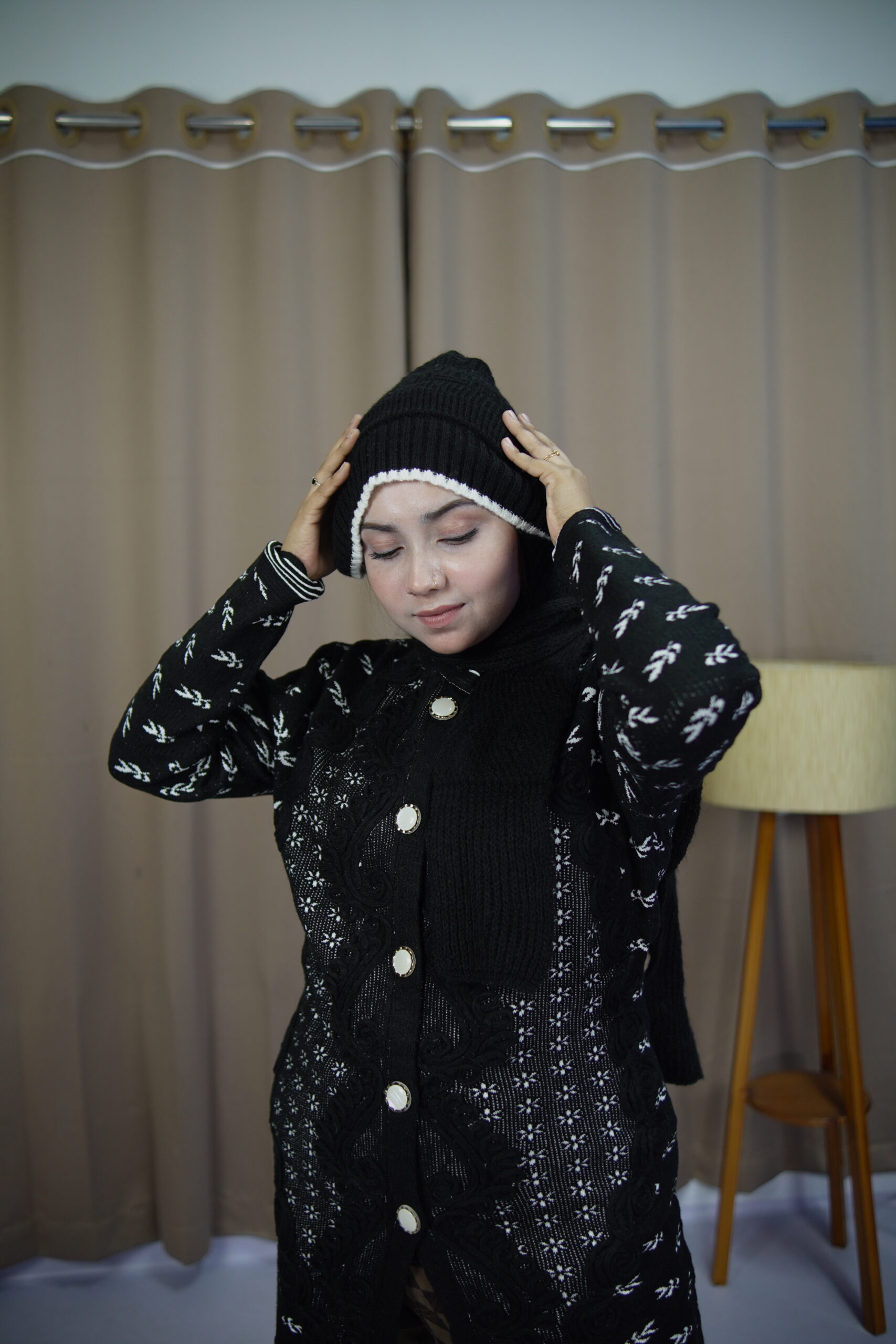 DSC00893 Classic Winter Knit Hat – Black & White Trim শীতকালীন নিট টুপি – কালো-সাদা বর্ডার - Image 1